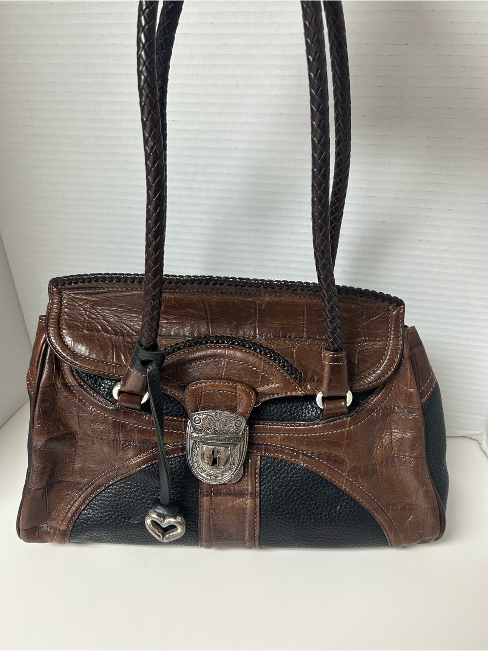 Vintage Brighton Brown & Black Croc-Embossed Leather Western Shoulder Bag